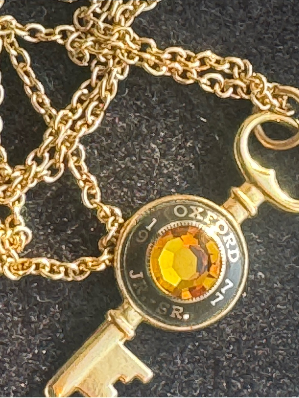 Vintage 1977 Amber Goldtone Highschool Class Graduation Necklace Oxford JR SR